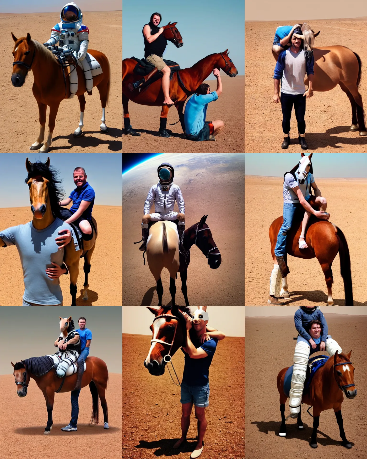 Prompt: guy with horse head, horse legs and human body, hybrid of man and horse sitting on shoulders of astronaut, mars vacation photo, horse sitting on man back, inversia