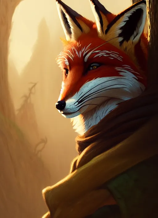 Image similar to a film still portrait of a fox rogue, finely detailed features, cinematic lighting, perfect art, brian jacques redwall woodland, forest, intricate, artstation, trending on pixiv fanbox, painted by brian jacques greg rutkowski, studio ghibli, fantasy, 4 k