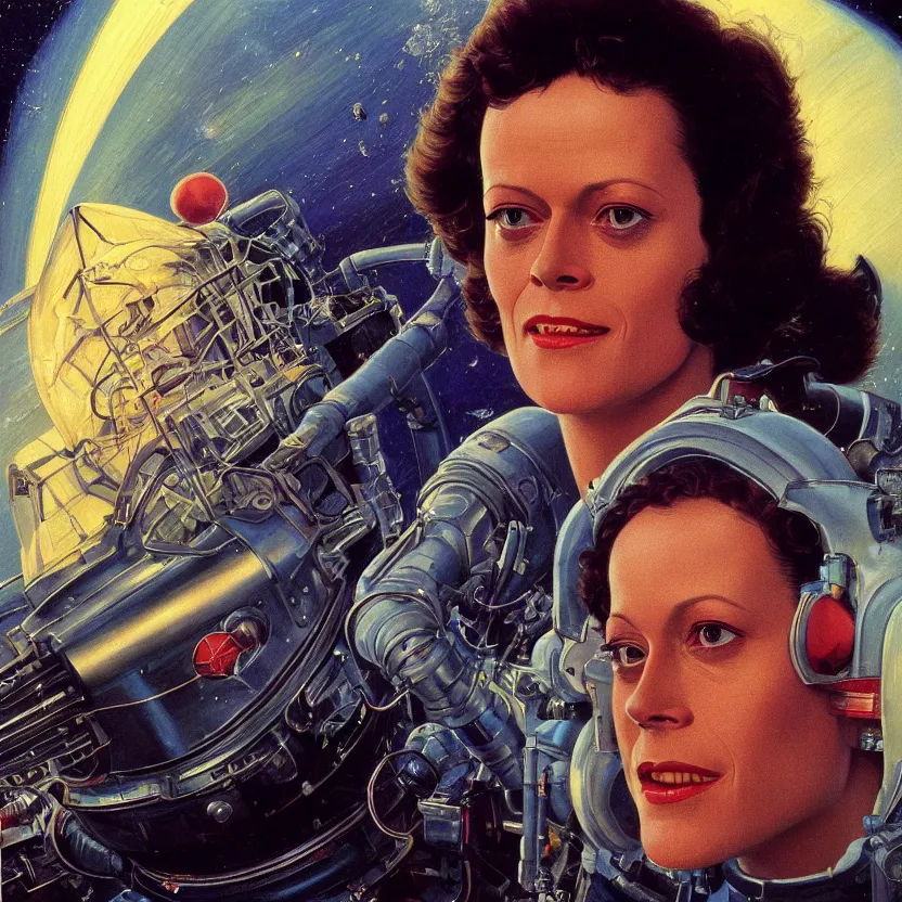 Image similar to close - up portrait of retrofuturistic young sigourney weaver in space. reflective detailed textures. soft gloomy dark background. highly detailed fantasy science fiction painting by moebius, norman rockwell, frank frazetta, and syd mead. rich colors, high contrast. artstation