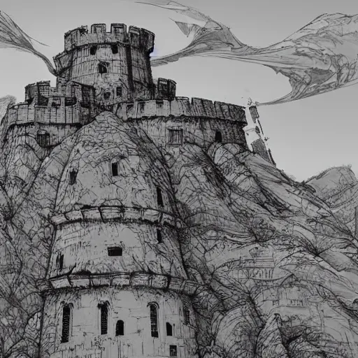 Prompt: a stunning fortress that is ran by dwarves by Kim Jung GI