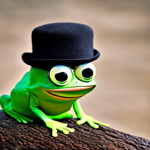 Prompt: baby pepe the frog, larg eyes, sitting on a log, wearing a bowler hat, pixar, disney, dynamic lighting, bokeh