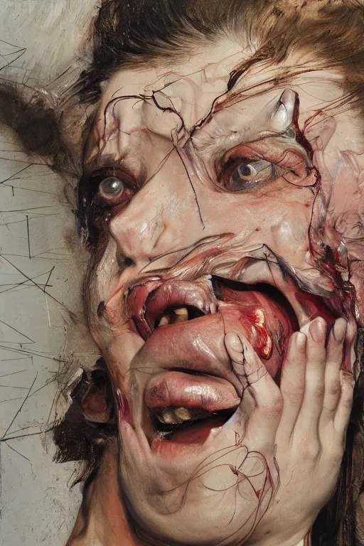 Image similar to a woman enraged, part by Jenny Saville, part by Francis Bacon