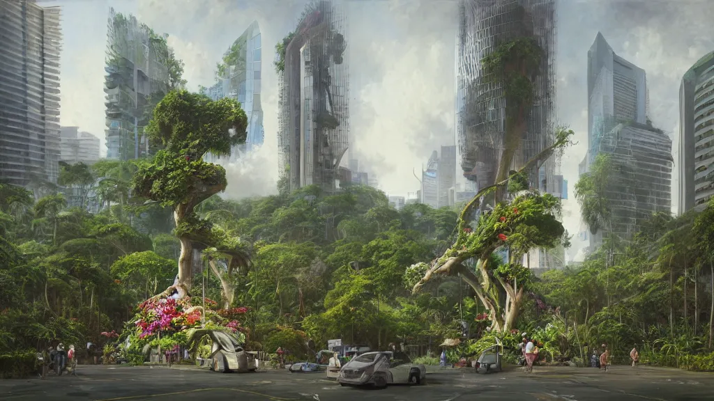 Image similar to giant orchid growing in the middle of singapore city, andreas achenbach, artgerm, mikko lagerstedt, zack snyder, tokujin yoshioka