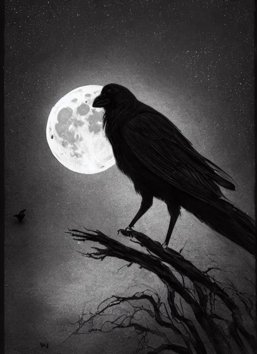 Image similar to portrait, A crow in front of the full big moon, book cover, red white and black colors, establishing shot, extremly high detail, foto realistic, cinematic lighting, pen and ink, intricate line drawings, by Yoshitaka Amano, Ruan Jia, Kentaro Miura, Artgerm, post processed, concept art, artstation, matte painting, style by eddie mendoza, raphael lacoste, alex ross