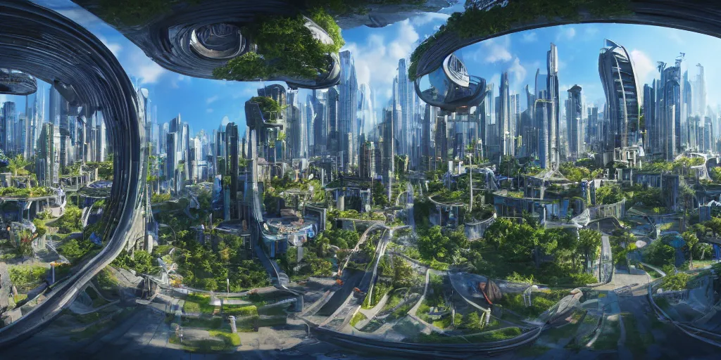 Image similar to Bustling photorealistic!!! utopian city reimagined by Max Hay, inverted fisheye lens!!!, eyelevel!!! view!!! photography, trending on artstation, 4k, 8k, lens distortion, chromatic aberration, soft focus blur, photorealistic imagery, photorealistic details, intricate, highly detailed, artstation 3d, artstation render, artstation 3d render, 3d art, unreal engine 3d, octane 3d, blender 3d, 3d landscape