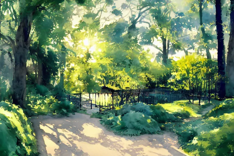 Prompt: small centered on watercolor paper, paint brush strokes, abstract watercolor painting of tennis court, daylight, shadows, covering foliage over luxurious pathway, sunlight shining through, translucent leaves, cinematic light, national romanticism by hans dahl, by jesper ejsing, by anders zorn, by greg rutkowski, by greg manchess, by tyler edlin