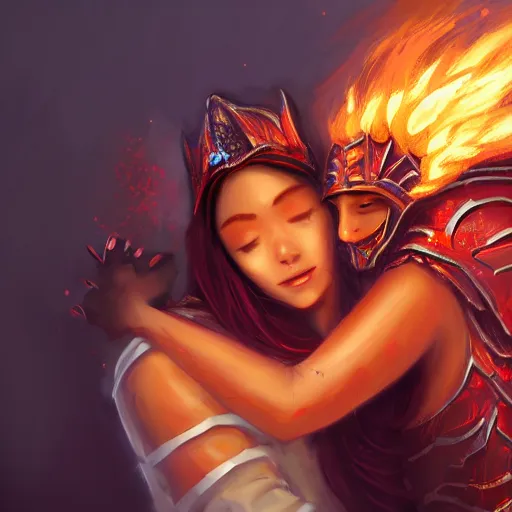 Image similar to flaming warrior queen giving someone a hug, wholesome and caring, happy, digital art, artstation, concept art, 4 k, 8 k