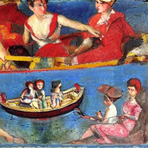 Image similar to rich details red by max weber. the collage of a group of well - dressed women & children enjoying a leisurely boat ride on a calm day. the women are chatting & laughing while the children play with a toy boat in the foreground.