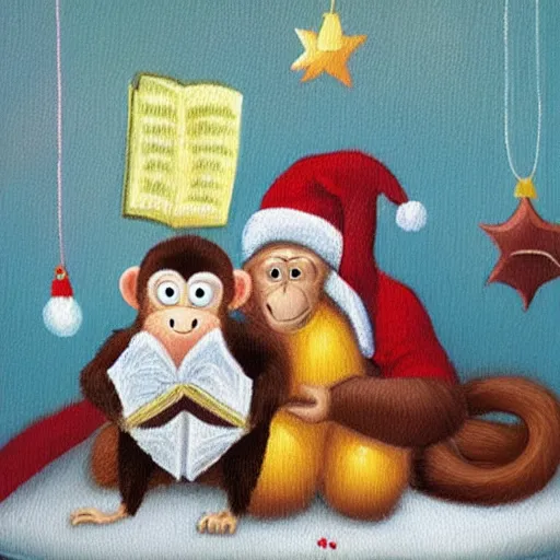 Prompt: a banana wearing a Christmas sweater reading a bedtime story to a monkey, oil painting, realistic