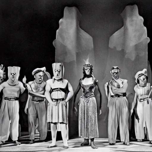 Prompt: Production photo of The Ten Commandments (1955) film the musical on broadway, dancing, singing, Ten Commandments costumes by Julie Taymor, set design by Julie Taymor