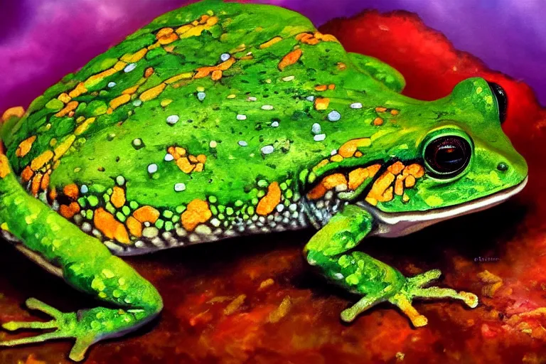 Image similar to highly detailed oil painting of a lizard frog ( ( mushroom ) ) in a steaming colorful hotspring, featured on artstation