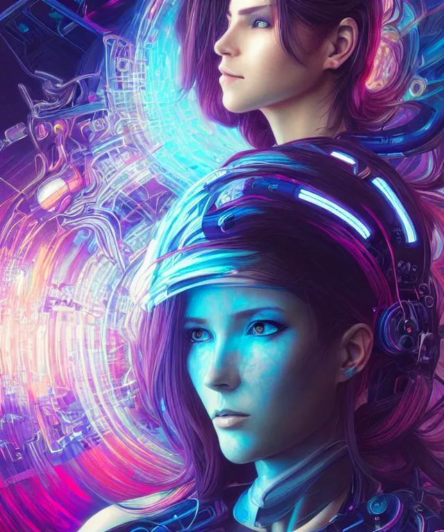 Image similar to beautiful adult woman wearing netrunner clothing, extremely detailed face, cyberpunk, cybernetic, cyborg, vaporwave aesthetic, synthwave, flowing hair, colorful, psychedelic, intricate, elegant, highly detailed, digital painting, artstation, concept art, smooth, sharp focus, illustration, art by artgerm and greg rutkowski and alphonse mucha