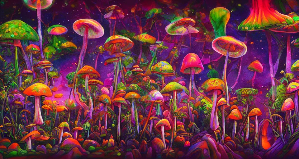 Image similar to a beautiful painting of trippy mushrooms by Tokio Aoyama, Mario Martinez, David Normal. photo-real, trending on artstation, dramatic lighting, minimal background.