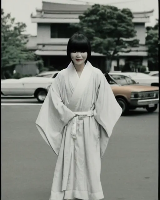 Image similar to photo of a trendy japanese woman with bangs in 1966, wearing a loose kimono, artistic, street scene, waist length