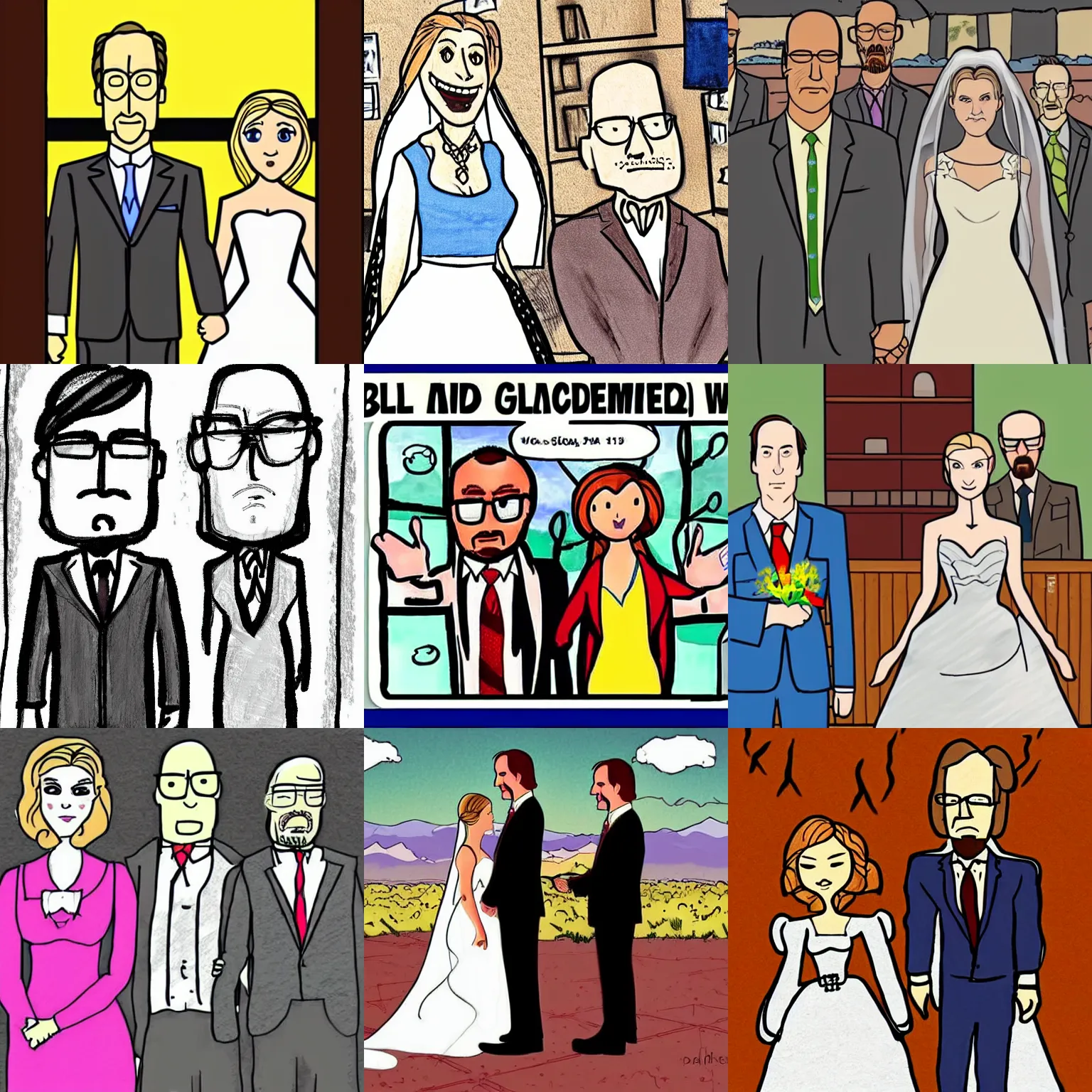 Prompt: badly drawn fan art of Saul Goodman marrying Kim wexler in Albuquerque as Walter white's ghost looks on from above, breaking bad