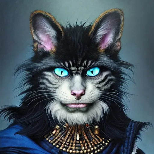 Prompt: portrait painting of a punk catfolk bard with blue eyes and black fur, ultra realistic, concept art, intricate details, eerie, highly detailed, photorealistic, octane render, 8 k, unreal engine. art by artgerm and greg rutkowski and charlie bowater and magali villeneuve and alphonse mucha