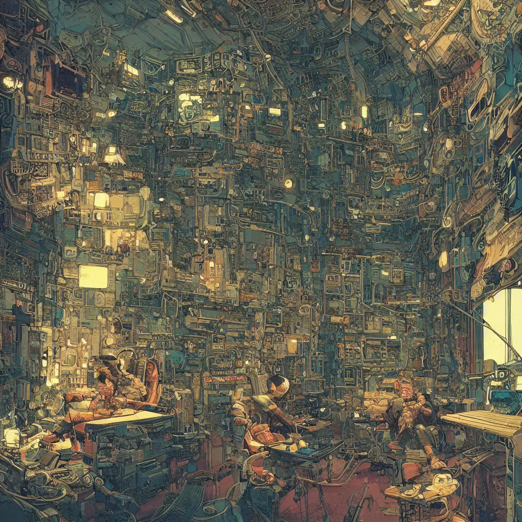 Image similar to Stunningly intricate illustration of a cyberpunk explorer playing video games in his treehouse, highly detailed, midnight, by Victo Ngai and James Gilleard , Moebius, Laurie Greasley