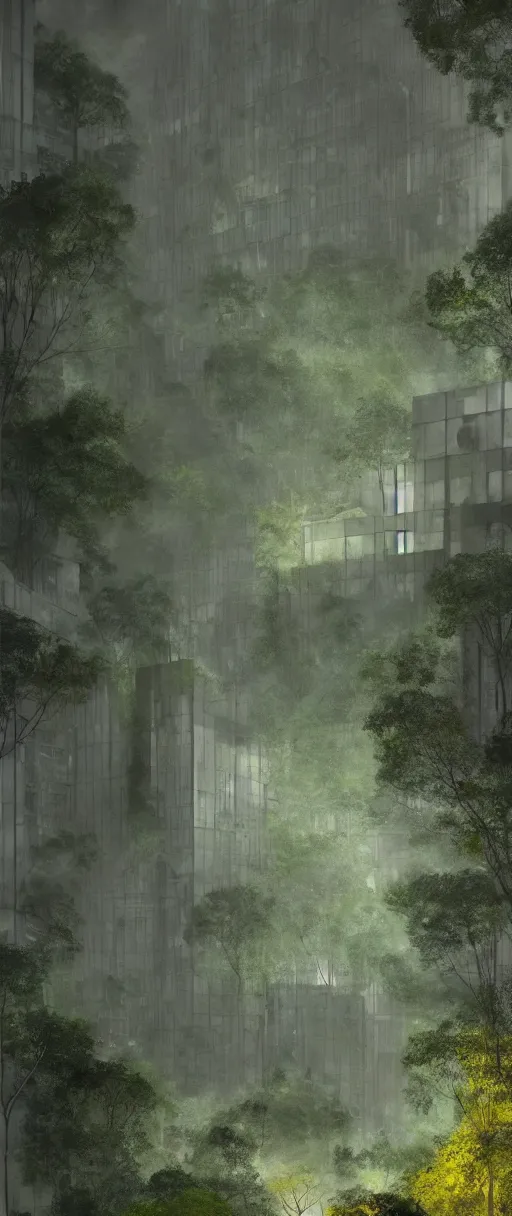 Image similar to brutalist architecture inspired by louis kahn deep in the rainforest. nature is taking over. matte painting by thu berchs. concept art. color scheme dark green and dark yellow. mist. cinematic.