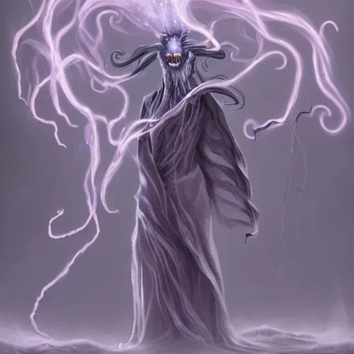 Prompt: concept designs for an ethereal ghostly wraith like figure made from wispy billowing smoke and sparks of electricity with a squid like parasite latched onto its head and long tentacle arms that flow lazily but gracefully at its sides like a cloak while it floats around a frozen rocky tundra in the snow searching for lost souls and that hides amongst the shadows in the trees, this character has hydrokinesis and electrokinesis for the resident evil village video game franchise with inspiration from kraang from the teenage mutant ninja turtle franchise and Bloodborne and the mind flayer from stranger things on netflix in the style of a marvel comic