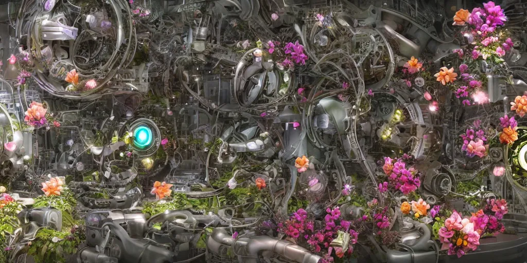 Image similar to a lovely mechanical cornucopia of flowers, sci-fi futuristic, utopian, machine parts, wires, circuits, highly detailed, octane render, cinematic