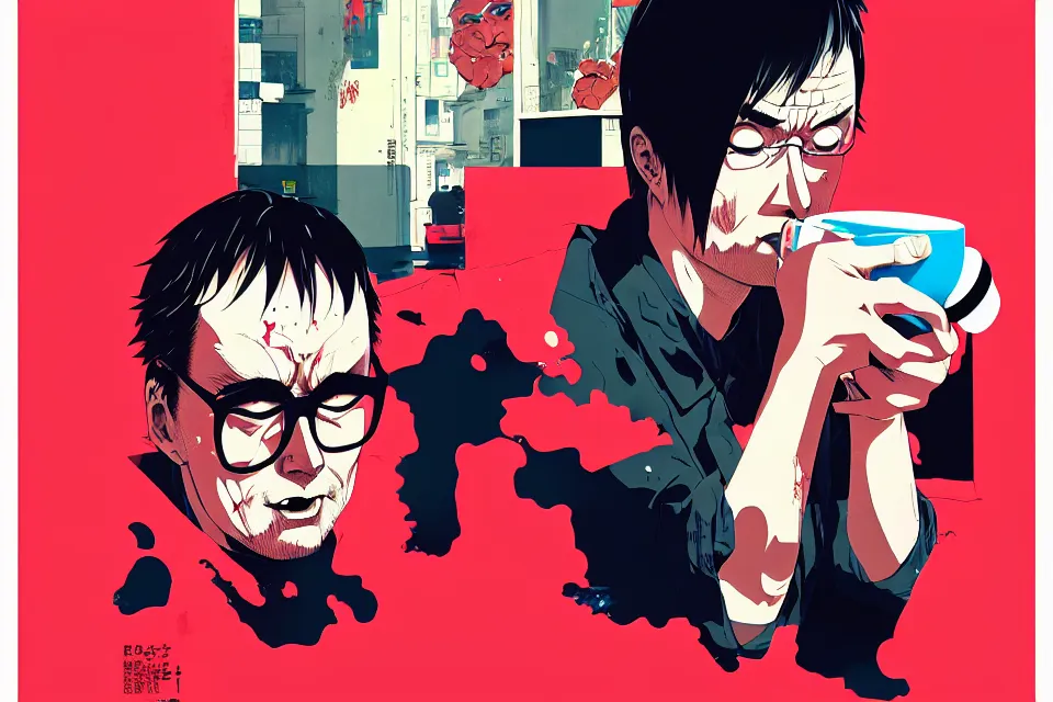 Prompt: editorial illustration by Karolis Strautniekas and Mads Berg, colorful, anime portrait of a. heroin drinking coffee, katsuhiro otomo, murata range, Ilya kuvshinov,fine texture, smooth cel-shading, fine details, matte print, film noir, dramatic lighting, manga, anime, extreme perspectivedynamic composition, cinematic, film grain, moody, vivid, volumetric,stippled lighting, alphonse mucha, art deco, smooth light shading, flat