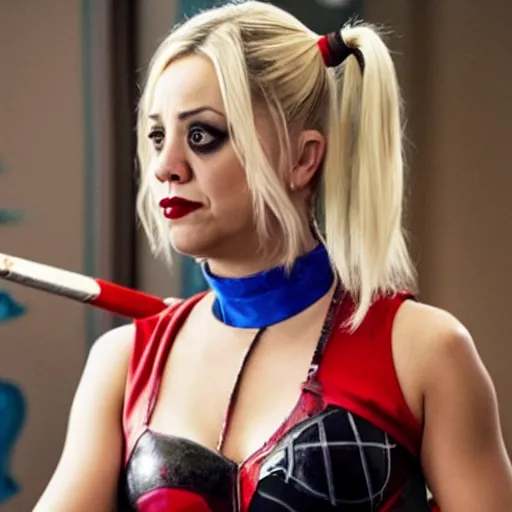 Image similar to A still of Kaley Cuoco as Harley Quinn