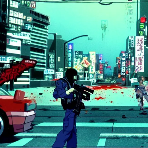 Prompt: 1991 Video Game Screenshot, Anime Neo-tokyo Cyborg bank robbers vs police shootout, bags of money, Police Shot, Bullet Holes, Anime Blood Splatter, Anime VFX, Violent, Action, MP5S, FLCL, Highly Detailed, 8k :4 by Katsuhiro Otomo + Studio Gainax + Arc System Works : 8