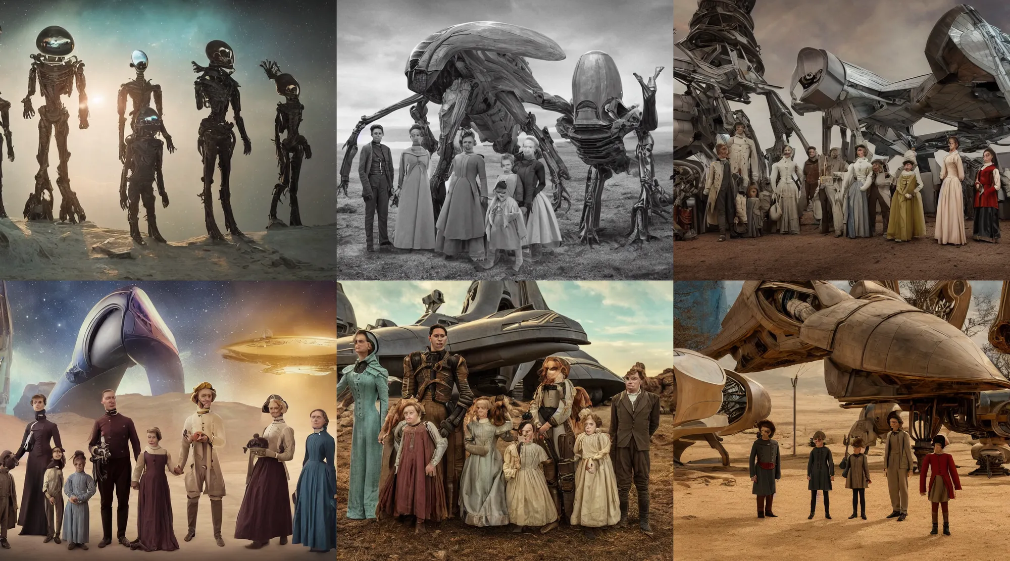 Prompt: sharp, detailed, still from a sci fi blockbuster color movie made in 2022, set in 1860, of a family standing in front of a spaceship that has just landed on an alien planet, a humanoid alien creature stands nearby, the family are all wearing 1850s era clothes, cinematic lighting, cinematic camera, 4k, sharp focus, extremely good quality lighting, good quality photography, A list cast, famous actors, famous actresses, oscar winner