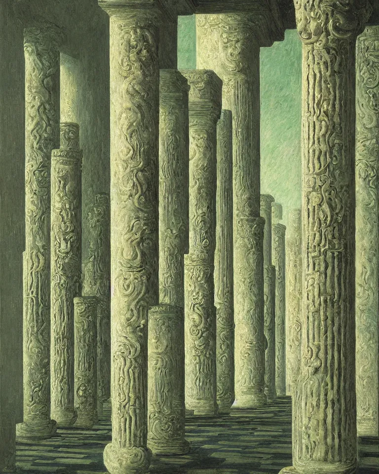 Image similar to achingly beautiful painting of intricate ancient giger columns on jade background by rene magritte, monet, and turner. giovanni battista piranesi.