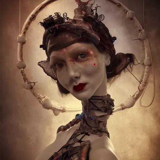 Image similar to photorealistic soft paint underwater render of a curiosities carnival with a single young beautiful doll in a full steampunk corset, multiples very long tentacles, symmetry accurate features, ominous depths, elegance, refractions, reflections, focus, rainbow lighting, very high details, award winning masterpiece, octane, artstation, squids, by tom bagshaw