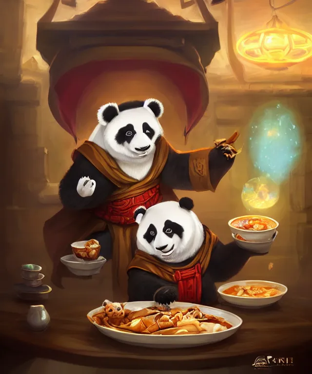 Image similar to a portrait an anthropomorphic panda mage eating chinese food, wearing mage robes, restaurant in background, cute and adorable, dnd character art portrait, well rendered matte fantasy painting, deviantart artstation, by jason felix by steve argyle by tyler jacobson by peter mohrbacher, cinematic lighting