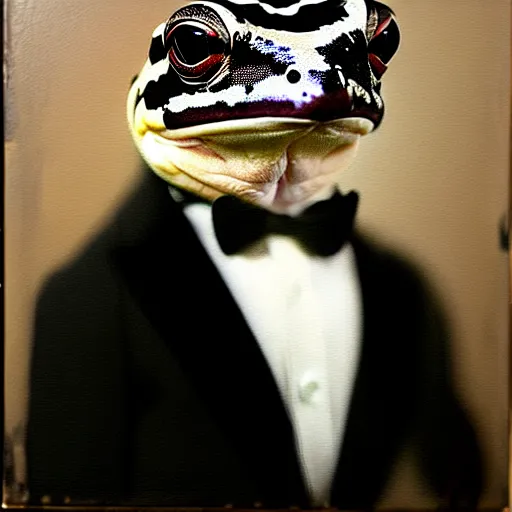 Prompt: a head - and - shoulders portrait of an amazon milk frog wearing a black tuxedo looking off camera, an american romanticism painting, a portrait painting, cgsociety, soft focus, oil on canvas