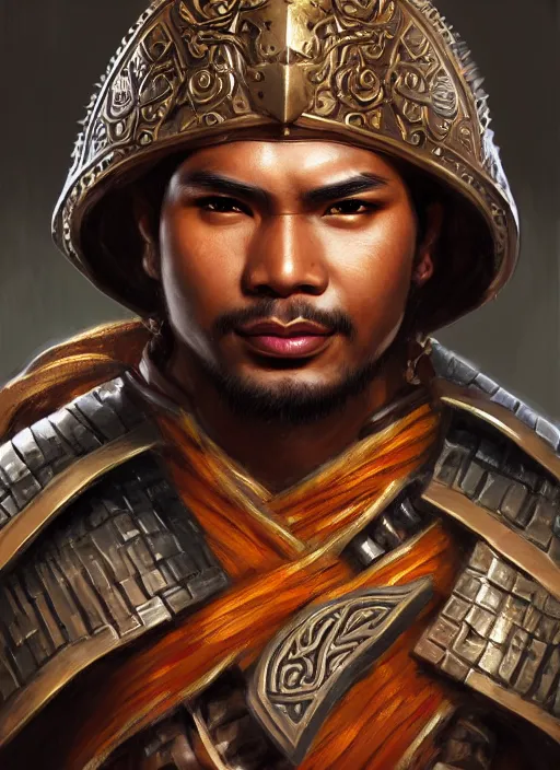 Image similar to smart tai warlord, closeup portrait, historical hero, ethnic group, khmer costume, bronze headset, intricate, with leather armor cross on bare chest, elegant, loin cloth, highly detailed, oil painting, artstation, concept art, matte, sharp focus, illustration, hearthstone, art by earl norem