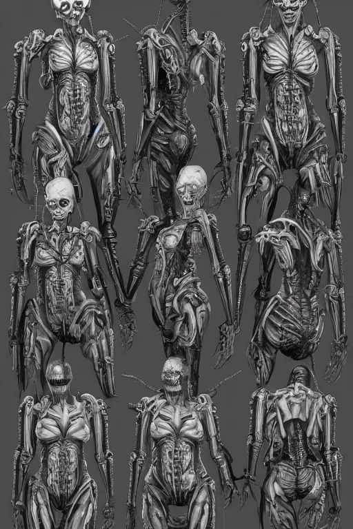 Prompt: cyborg zombie queen with gunmetal grey skin, medical anatomy, very symmetrical face, highly detailed, mecha, three - perspective / three - view reference sheet ( front / back / side ), in the style of james gurney, dan ouellette, hr giger, sil from species, dren from splice, biomechanical, artstation, unreal engine