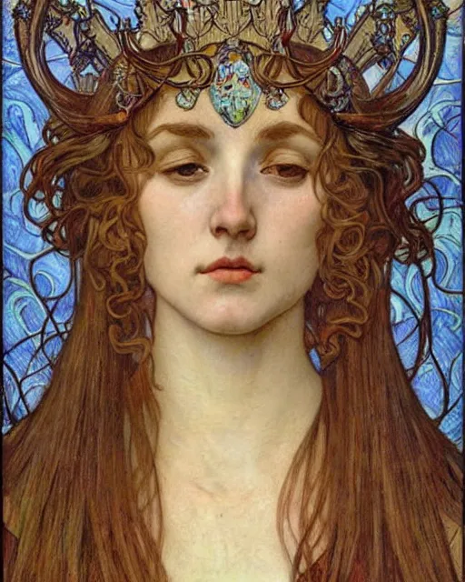 Image similar to detailed realistic beautiful young medieval queen face portrait by jean delville, alphonse mucha, vincent van gogh, and marco mazzoni, art nouveau, symbolist, visionary, gothic, pre - raphaelite