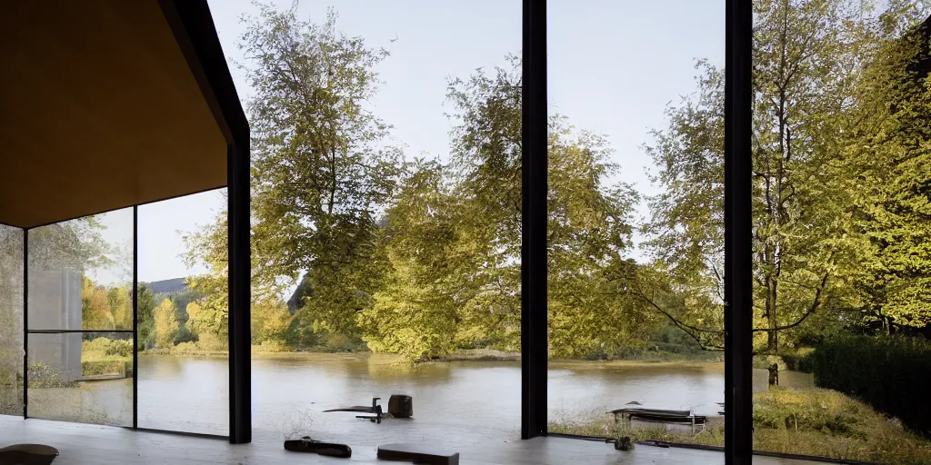 Prompt: a house by the river rhein close to mumpf designed by peter zumthor, beautiful ambient light, silver hour