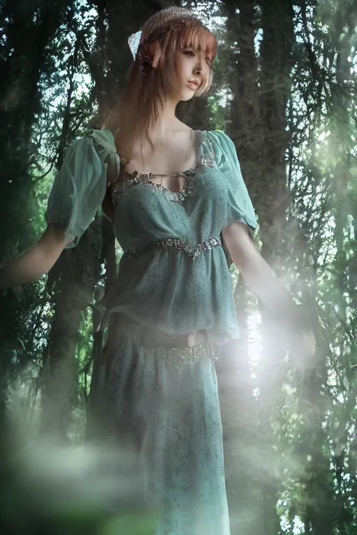 Prompt: beatiful elf princess in a secret forest, 3 / 4 chest view, hair jewellery, fully clothed, light mist, light rays sieving through the trees, shallow depth of field, by yuumei