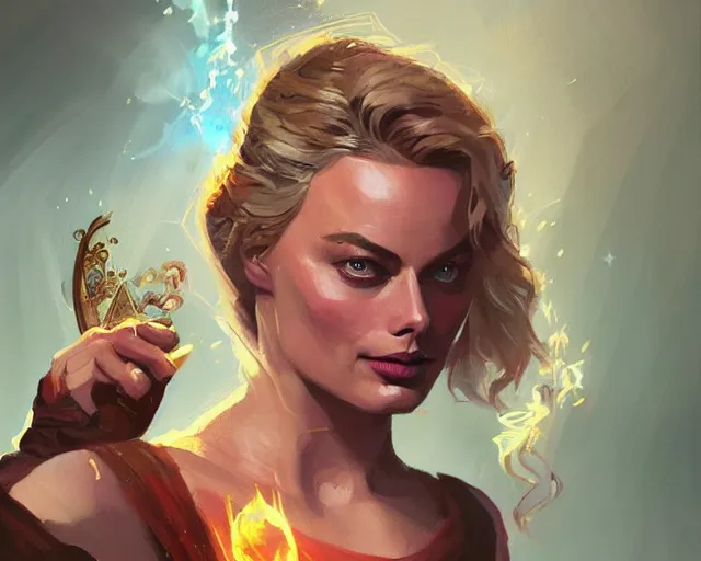 Image similar to margot robbie as a beautiful magician casting colorful spells, fantasy art, in the style of greg rutkowski, illustration, epic art, fantasy, intricate, elgant, amazing detail, digital painting, artstation, concept art, smooth, sharp focus