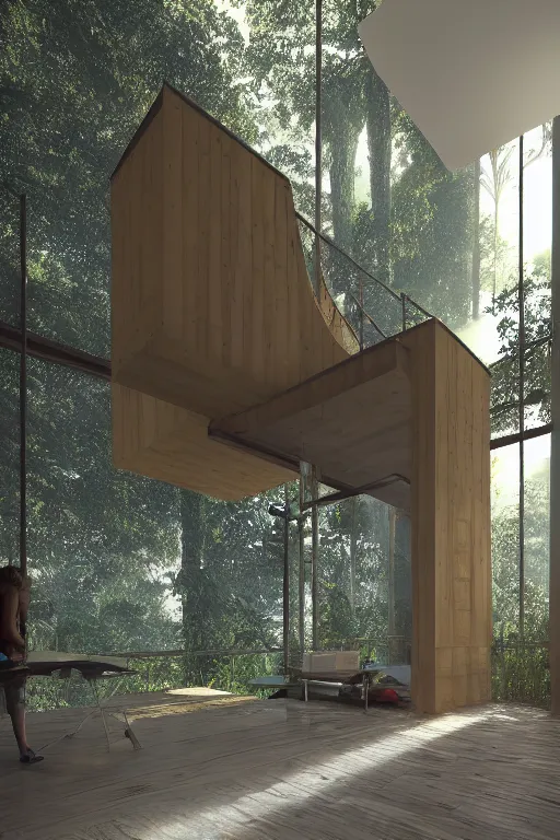 Prompt: architecture inspired by le corbusier in the rainforest. octane render. global illumination. atmospheric. photorealistic. warm colors.