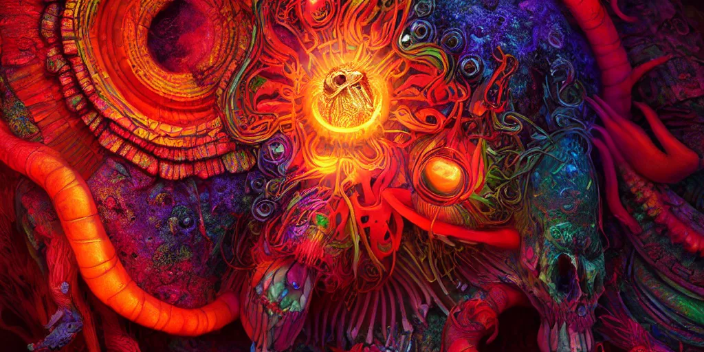 Image similar to psychedelic shaman close-up portrait. amanita muscaria phoenix head, nautilus, insect, skull, ice and fire, bioluminiscent creatures, intricate artwork by Tooth Wu and wlop and beeple. octane render, trending on artstation, greg rutkowski very coherent symmetrical artwork. cinematic, hyper realism, high detail, octane render, 8k