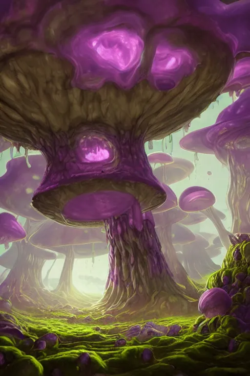 Image similar to Giant Mushroom Dripping Viscous Blobs of Purple Liquid from its Cap, Damp Dungeon, Underground, fantasy, digital illustration, realistic, trending on artstation, volumetric lighting, ultra detailed