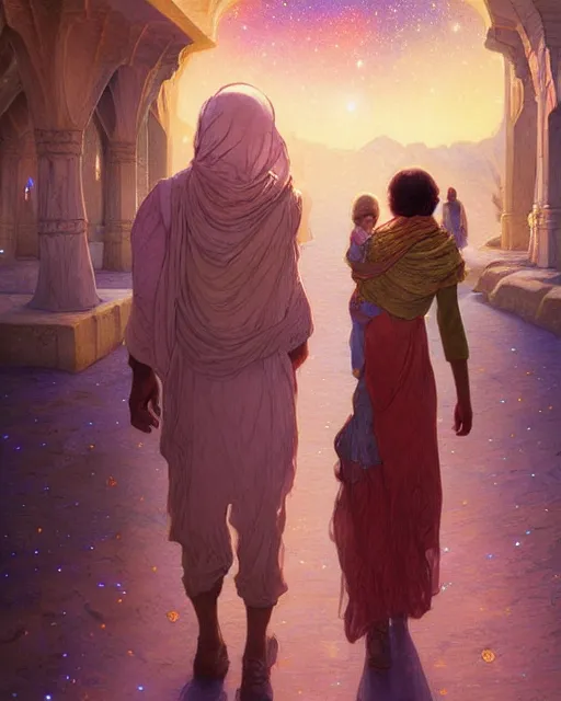 Image similar to bedouin man and woman and child in galaxy walking towards mosque surrounded by nebula, highly detailed, gold filigree, romantic storybook fantasy, soft cinematic lighting, award, disney concept art watercolor illustration by mandy jurgens and alphonse mucha and alena aenami, pastel color palette, featured on artstation