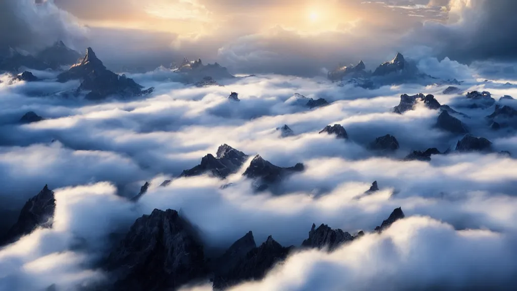 Prompt: amazing landscape photo of a sky island over the clouds by marc adamus, beautiful dramatic lighting