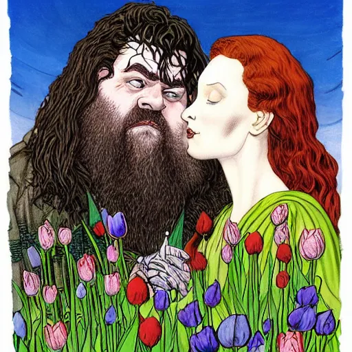 Image similar to hagrid the viking and morticia addams kiss in a field of tulips, masterpiece, highly detailed, oil on canvas, art by rebecca guay