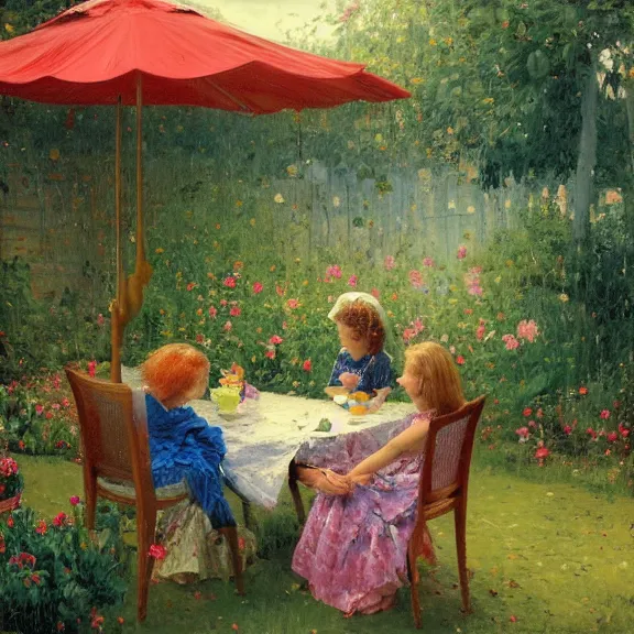 Image similar to a housewife and her daughter putting dishes on a table in the backyard, a tilted parasol sits above the table, a garden with colorful flowers in the background, rainy scene, cozy 1 9 5 0's, medium symmetry, by greg rutkowski, by ilya repin, extreme detail, 8 k, intricate abstract, photorealistic