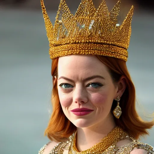 Image similar to A full body shot of Emma Stone wearing a golden Arabian crown , royality, high quality, fully detailed, 4k