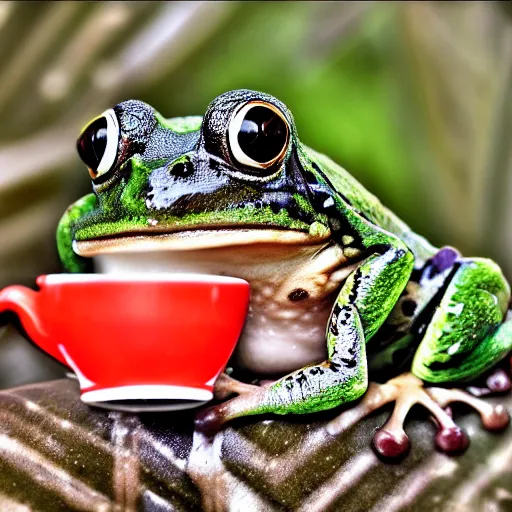 Image similar to mad frog drinking coffee. nature photography.