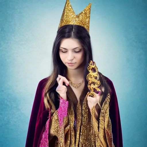 Prompt: a beautiful young female wizard dressed in ornate robes wearing sparkling gold jewelry