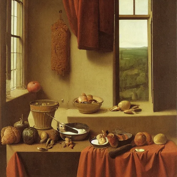Image similar to melancholy still life with soup in a window frame. painting by frank sedlacek, jan van eyck
