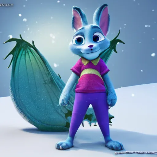 Image similar to HD, 3d render, style of Zootopia, chubby female dragon , blue scales. playing in the snow